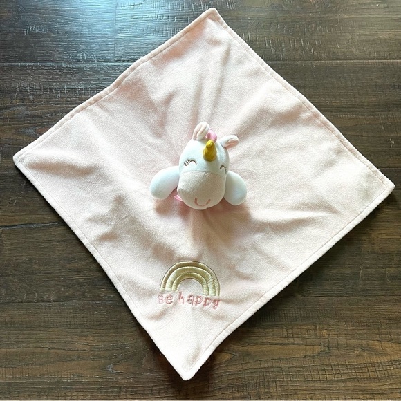 Baby Starters Pink “Be Happy” Unicorn Satin Rattle Security Blanket Lovey - Picture 1 of 7